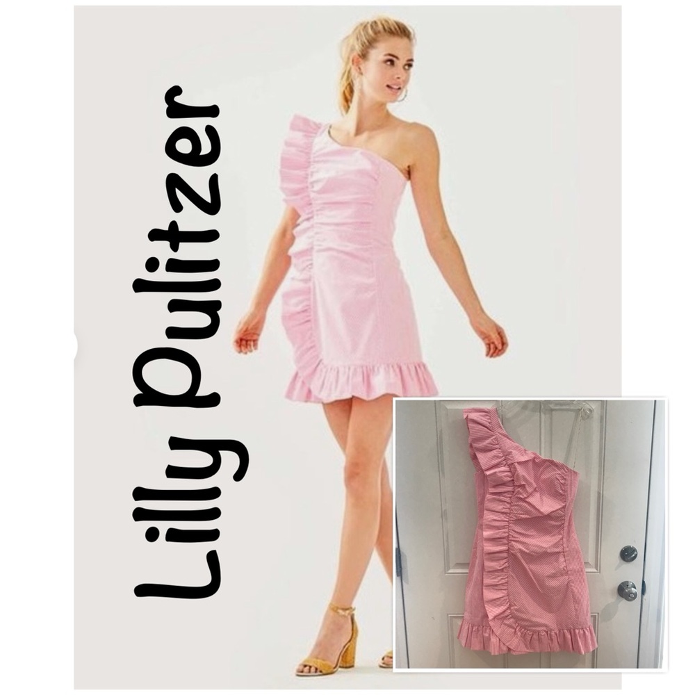 New LILLY PULITZER Tiffani One-Shoulder Dress in Havana Pink *Barbiecore* NWT